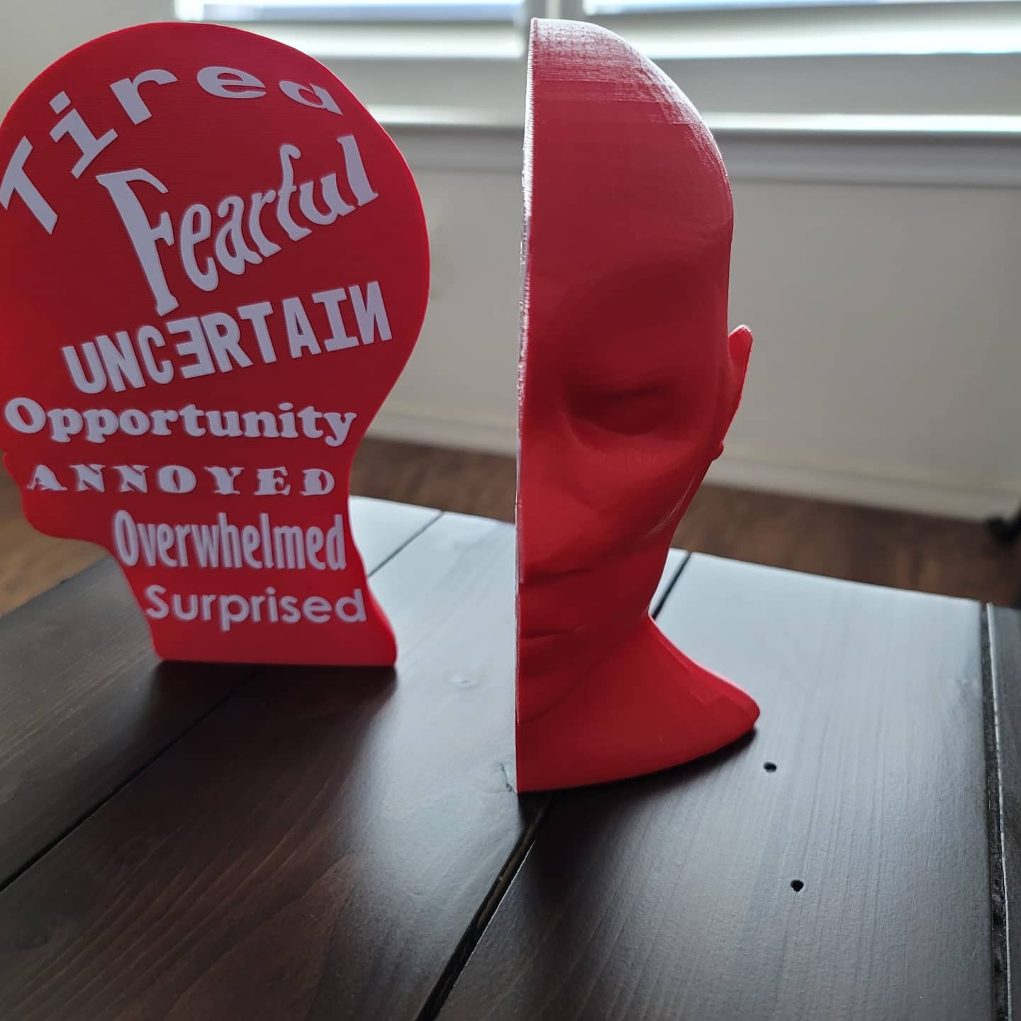 Left 3D printed head turned outwards to show inside design. Right head is turned towards the viewer.